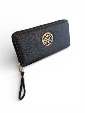 Rebecca & Rifka Textured Vegan Leather Medallion Zip Around Wristlet Wallet